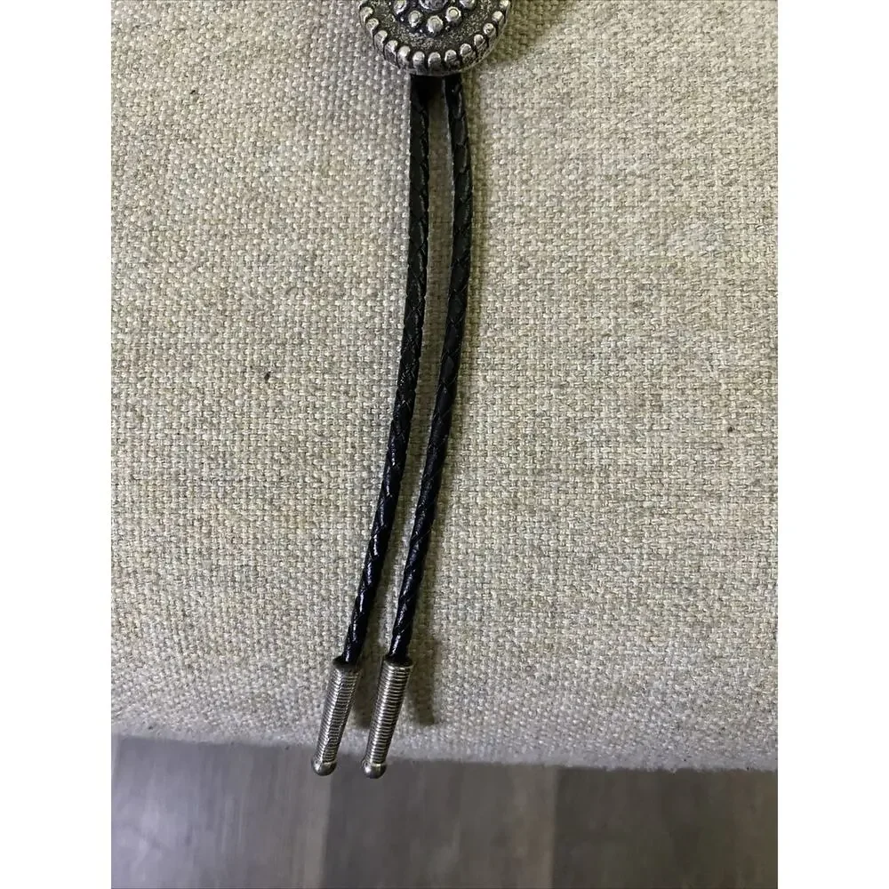 Vtg MCM Brutalist Silver Plate Bolo Tie Black Leather Western Modernist